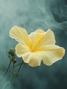 淡黄木槿花绽放于朦胧间