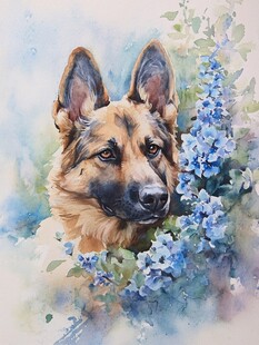 水彩画中德国牧羊犬与蓝花