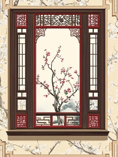中式雕花窗中的红梅景致