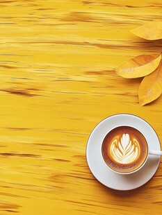黄色木桌上的精美拉花咖啡