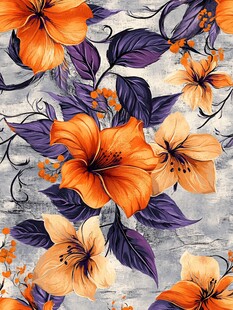 橙色花卉与紫色叶子图案