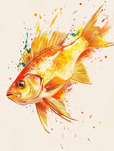 水彩风格游动的艳丽金鱼