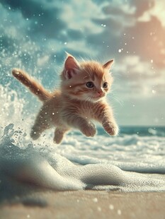小猫在海边快乐跳跃