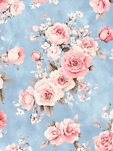 蓝色背景粉色花卉图案