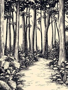 森林小径黑白手绘插画