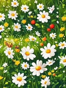 雏菊丛中蜜蜂忙采蜜