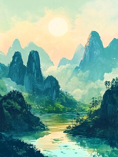 山间河畔的绝美日出风光