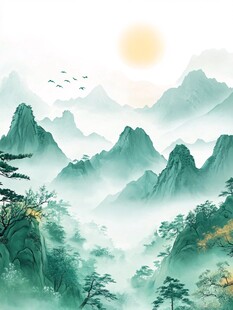 青山旭日飞鸟诗意山水景