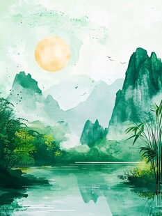 水墨山水间的静谧月色