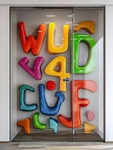多彩立体字母装饰玻璃墙