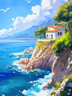 悬崖畔的海滨小屋美景