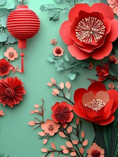 中式纸艺花卉与红灯笼