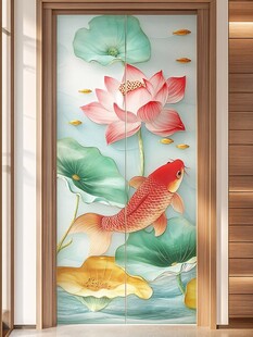 荷花锦鲤玄关艺术玻璃画
