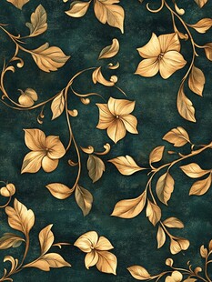 金色花卉藤蔓深绿背景图案