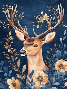 梦幻鹿与花卉插画