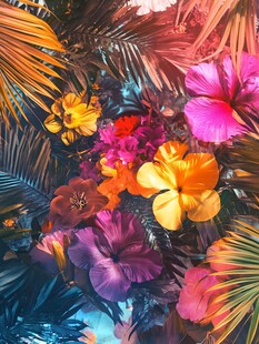 热带花卉与棕榈叶绚丽图景