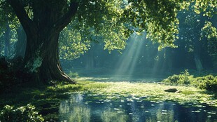 森林晨光下的静谧水塘