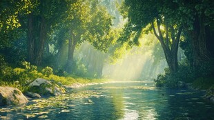 阳光洒落的静谧林间溪流