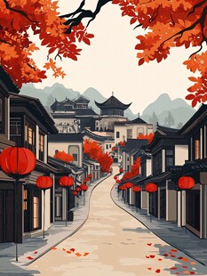 秋日古街 红叶灯笼映古韵