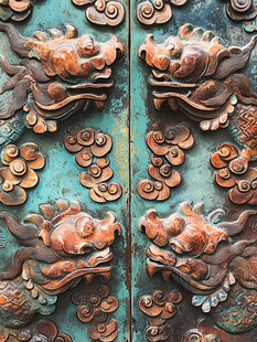 古铜门上的精美龙纹雕刻
