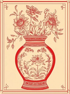 中式红瓷花瓶花卉图案