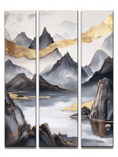 三联水墨鎏金山水装饰画