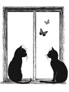 窗边双猫望蝶的温馨场景