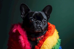 穿彩虹披风的可爱黑法斗