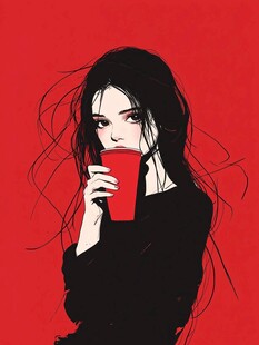红发女孩手持红杯的瞬间