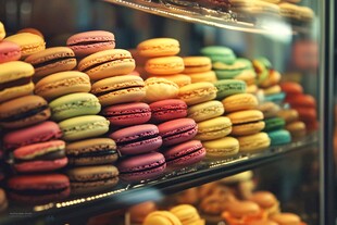 多彩马卡龙陈列于玻璃柜中