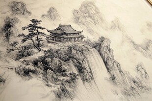 水墨山水间的古韵楼阁
