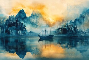 水墨山水间的孤舟之景