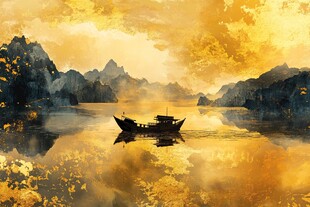 金色山水间的孤舟美景