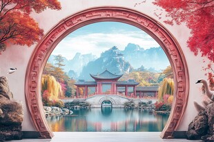 中式园林拱门山水美景图