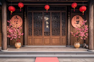 中式古风门庭 红灯繁花装点