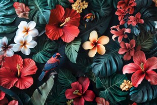 热带花卉与彩鸟图案背景