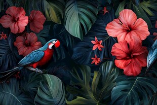 鹦鹉栖于繁花绿叶间