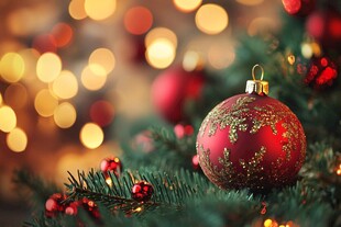 圣诞红饰与梦幻灯光背景