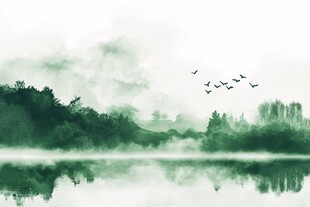 水墨湖景飞鸟图