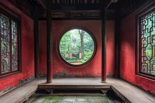 中式红墙圆窗古典室内景