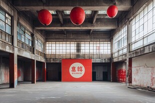 废弃厂房中的红色装饰元素