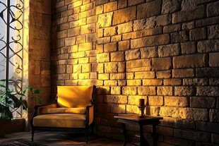 阳光洒落的砖墙角落空间