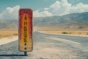 锈迹路牌指向家的方向