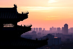 古建夕照下的城市天际线