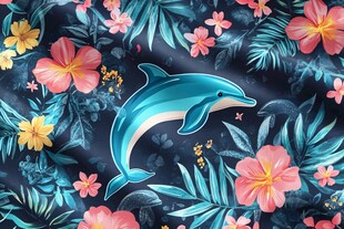 海豚畅游于花卉绿叶间