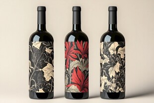 三款花卉图案设计的葡萄酒瓶