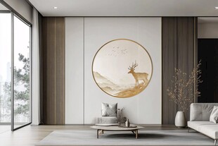 中式客厅 圆形鹿纹壁画装饰