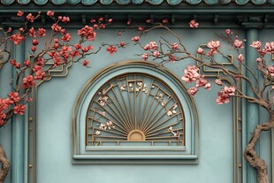 中式蓝墙扇窗伴繁花