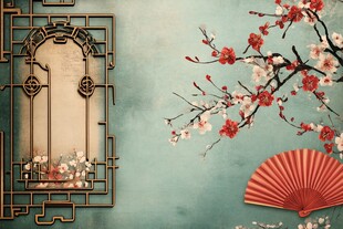 中式古风窗景与花卉折扇