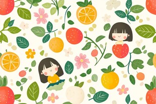 卡通女孩与水果花卉图案